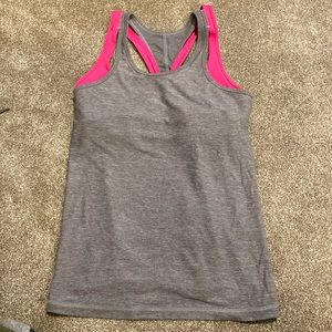 Lululemon gray and pink tank with built in sports bra hip length size 6